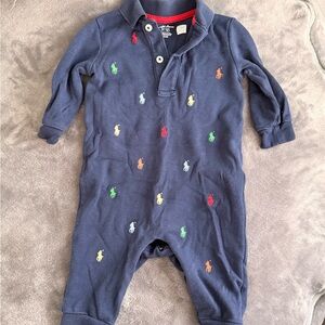 Ralph Lauren Navy Polo Footed One-Piece with Multicolor Pony Logos